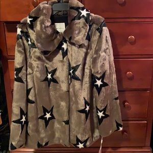 Star Print Faux Fur Swing Coat